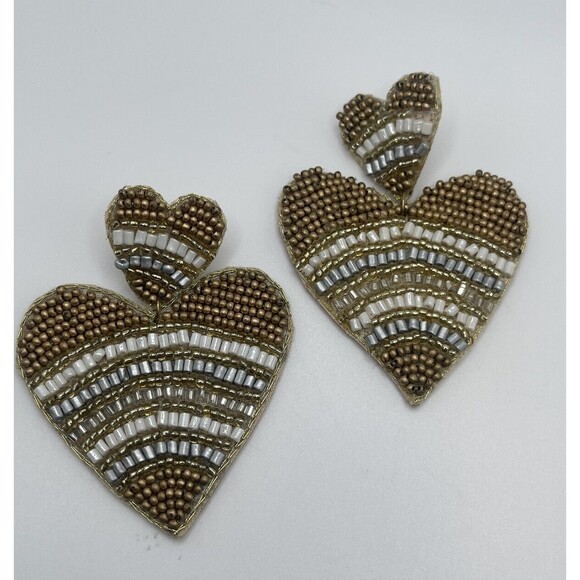 Seed Bead Gold White & Silver Double Heart Dangle Earrings New - Picture 1 of 5